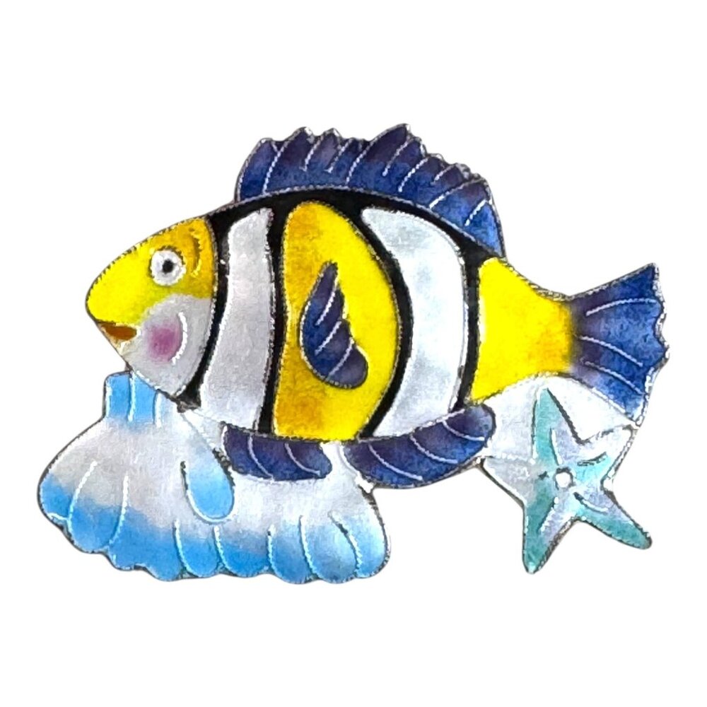 Tropical Clownfish Nemo Fish Brooch Pin Sterling Silver Enamel Ocean Jewelry